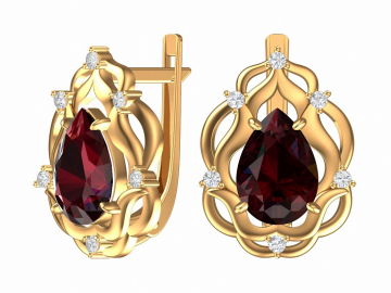 Earrings in red gold of 585 assay value with garnet, zirconia 