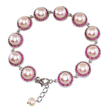 Silver bracelet with pearl, zirconia 