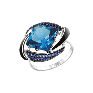 Женское серебряное кольцо 925 пробы с фианитами Эмаль, синий ситалл 