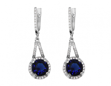 Silver earrings with synthetic sapphire quartz and colorless cubic zirkonia 