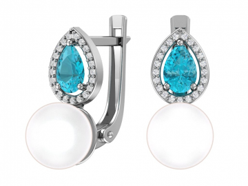 Silver earrings with imitation pearls, topaz synthetic quartz and colorless cubic zirkonia 