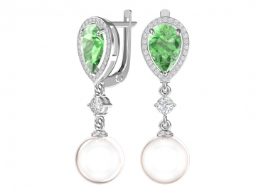Ohrringe aus 925er Sterling Silber mit Imitation von weißen Perlen, hellgrünen und farblosen Zirkonia 