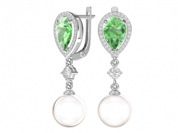 Silver earrings with imitation of white pearls, light green and colorless cubic zirkonia 