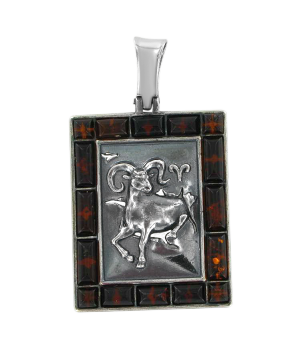 Серебряная подвеска 925 пробы, знак зодиака "Овен" Вставка: натуральный янтарь 