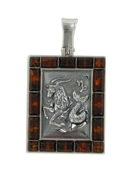 Серебряная подвеска 925 пробы, знак зодиака "Козерог" Вставка: натуральный янтарь 