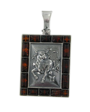 Серебряная подвеска 925 пробы, знак зодиака "Телец" Вставка: натуральный янтарь 