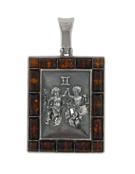 Серебряная подвеска 925 пробы, знак зодиака "Близнецы" Вставка: натуральный янтарь 