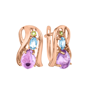 Earrings in red gold of 585 assay value (14ct) with amethyst, blue topaz, chrysolith 