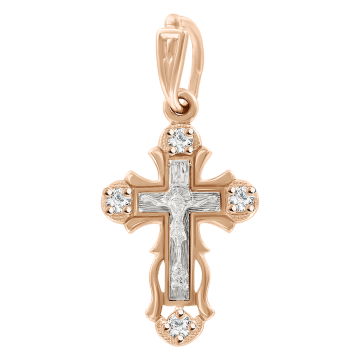 Cross from red and white gold of 585 assay value with cubic zirconia 