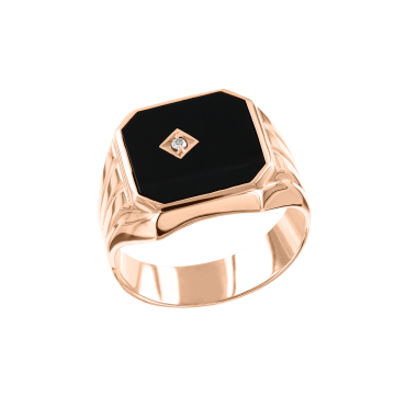 Man's ring in red gold of 585 assay value with zirconia, onyx 