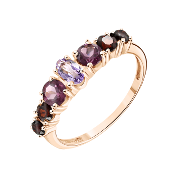 Lady´s ring in red gold of 585 assay value with Amethyst, Granat, Rhodolith 