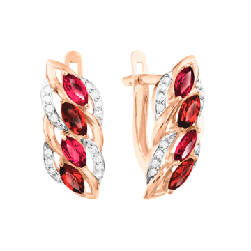 Earrings in red gold of 585 assay value with cubic zirconia, garnet and rhodolite 