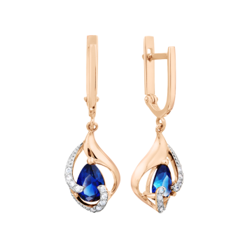 Earrings in red gold of 585 assay value with zirconia and sapphire 