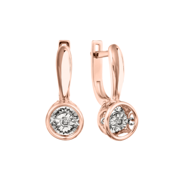 Unique drop earrings made of 14k white and rose gold with dancing diamonds 