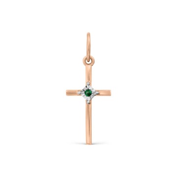 Pendant - crosst in red gold of 585 assay value with emerald 