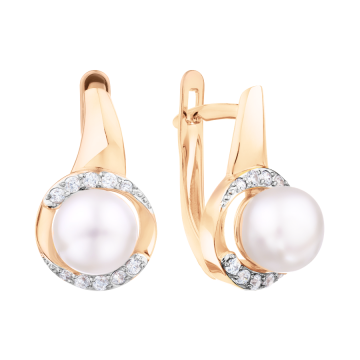Ohrringe aus Rotgold 585° mit Zirkonia, echte Perlen 