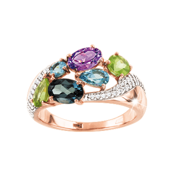 Lady´s ring in red gold of 585 assay value with zirconia, amethyst, London topaz, blue topaz and chrysolith 