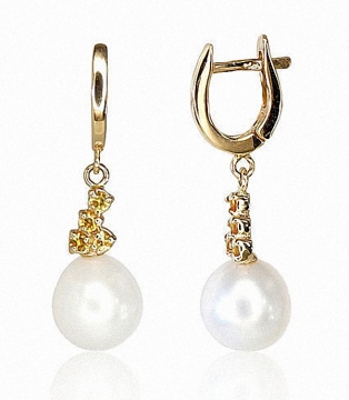 Earrings in yellow gold of 585 assay value with pearls and citrine 