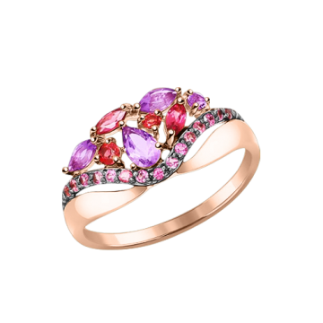 Lady´s ring in red gold of 585 assay value with amethyst, rhodolite 
