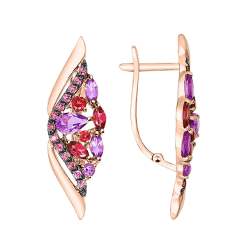Earrings in red gold of 585 assay value with amethyst, rhodolite 