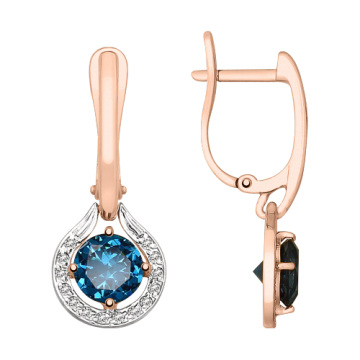 Earrings in red gold of 585 assay value with London blue topaz, zirconia 