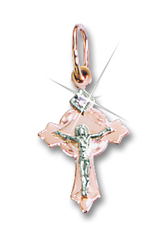 Cross from red and white gold of 585 assay value with cubic zirconia 
