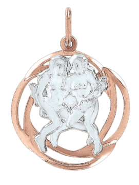 Pendant zodiac sign "Gemini" in red and white gold 