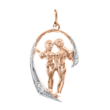 Pendant zodiac sign "Gemini" in red gold with zirconia 