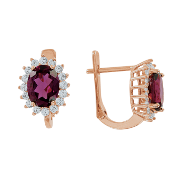 Earrings in red gold of 585 assay value with zirconia, rhodolite 