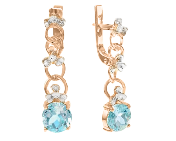 Earrings in red gold of 585 assay value with blue topaz, zirconia 