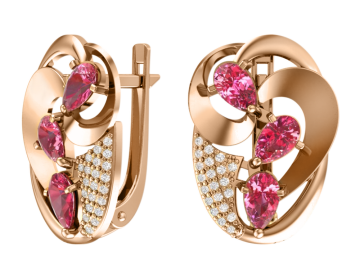 Earrings in red gold of 585 assay value with garnet, zirconia 
