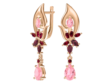 Серьги из красного золота 585 пробы с гранат, кварц 