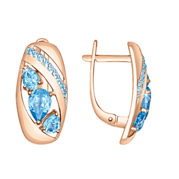 Earrings in red gold of 585 assay value with blue topaz, zirconia 