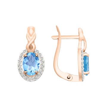 Earrings in red gold of 585 assay value with blue topaz, zirconia 