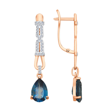 Earrings in red gold of 585 assay value with London blue topaz, zirconia 