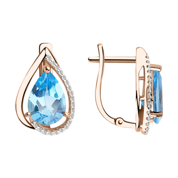 Earrings in red gold of 585 assay value with blue topaz, zirconia 