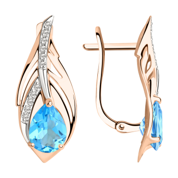 Earrings in red gold of 585 assay value with blue topaz, zirconia 