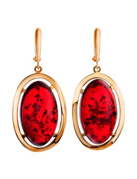 Серебряные серьги 925 пробы с янтарем покрытые красным золотом 