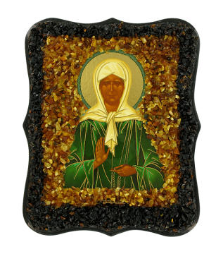 Orthodox icon "St. Matrona of Moscow" decorated with natural amber 