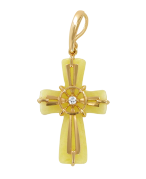 Amber cross pendant with 925 sterling silver, gilded with red gold, with a cubic zirconia inlay 