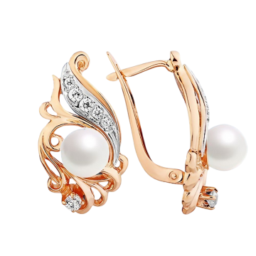 Earrings in red gold of 585 assay value with natural pearl and zirconia 