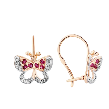 Cute Butterfly Earrings in 585 Russian Gold with Diamonds and Rubies 