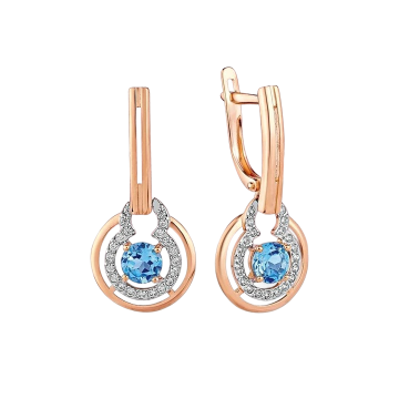 Серьги из красного Золот 585 пробы с голубыми топазами и фианитами 