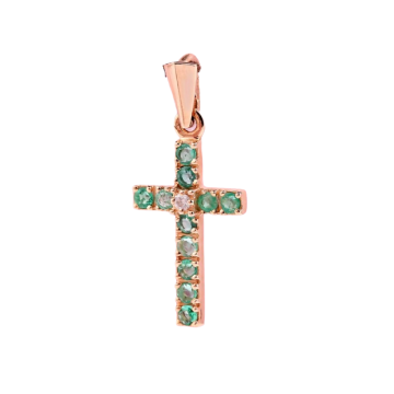 Pendant - crosst in red gold of 585 assay value with emerald 