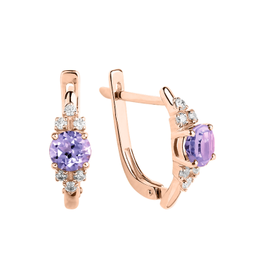 Серьги из красного золота 585 пробы с фианитами и аметистом 