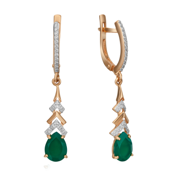 Green Chalcedony and Zirconia Drop Earrings in Russian 585 Red Gold 