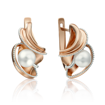 Earrings in red gold of 585 assay value with natural pearl 