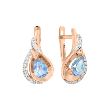Earrings in red gold of 585 assay value with blue topaz, zirconia 