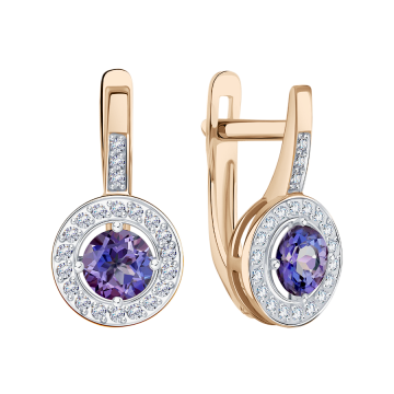 Earrings in red gold with tanzanite, with zirconia 