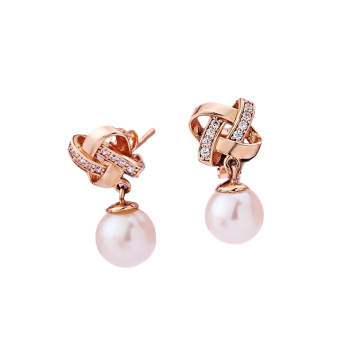 Earrings in red gold of 585 assay value with natural pearl and zirconia 